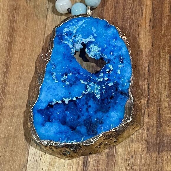 Boho Precious Stone Knotted Irregular Natural Blue Druzy Pendant Long Necklace - Picture 4 of 5